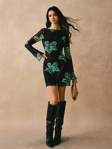 Poéselle Women's Elegant Flower Print Bell Sleeve Dress For Autumn