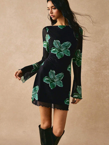 Poéselle Women's Elegant Flower Print Bell Sleeve Dress For Autumn