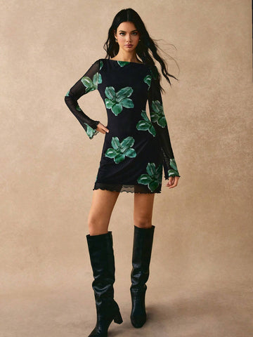 Poéselle Women's Elegant Flower Print Bell Sleeve Dress For Autumn