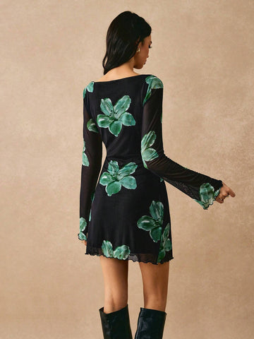 Poéselle Women's Elegant Flower Print Bell Sleeve Dress For Autumn