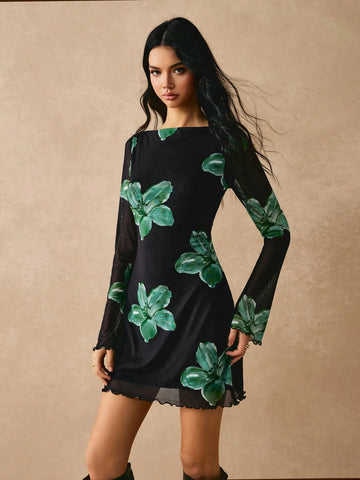 Poéselle Women's Elegant Flower Print Bell Sleeve Dress For Autumn