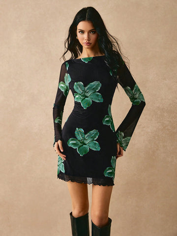 Poéselle Women's Elegant Flower Print Bell Sleeve Dress For Autumn