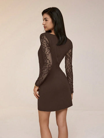 Poéselle Women's Elegant Lace-Trimmed See-Through Long Sleeve Dress, Suitable For Halloween, Wedding, Birthday, School Events, French Style