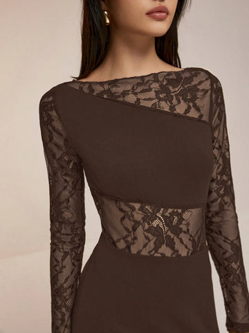 Poéselle Women's Elegant Lace-Trimmed See-Through Long Sleeve Dress, Suitable For Halloween, Wedding, Birthday, School Events, French Style