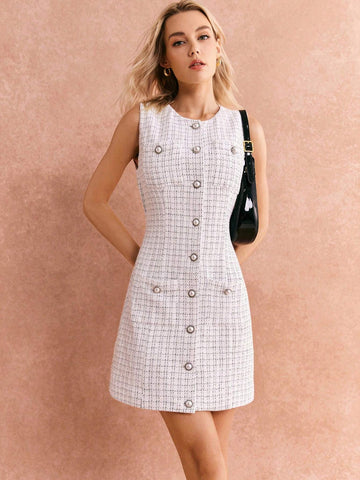 Poéselle Women's Elegant Plaid Pattern Front Button Sleeveless Short Dress, Autumn