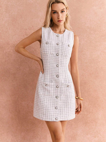 Poéselle Women's Elegant Plaid Pattern Front Button Sleeveless Short Dress, Autumn