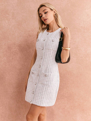 Poéselle Women's Elegant Plaid Pattern Front Button Sleeveless Short Dress, Autumn