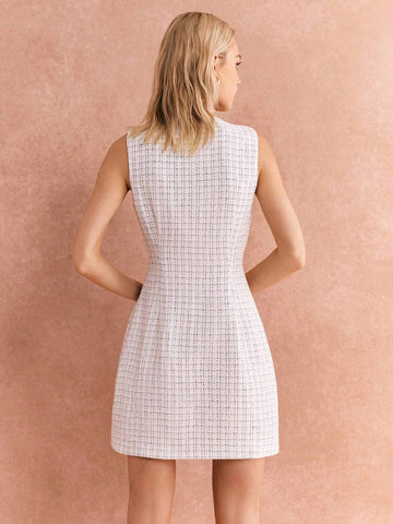 Poéselle Women's Elegant Plaid Pattern Front Button Sleeveless Short Dress, Autumn