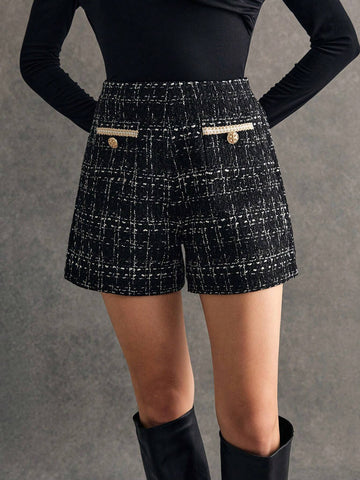 Poéselle Women's Elegant Plaid Print Button Decor Shorts