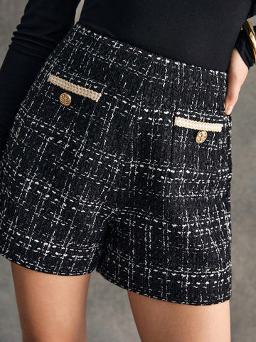 Poéselle Women's Elegant Plaid Print Button Decor Shorts