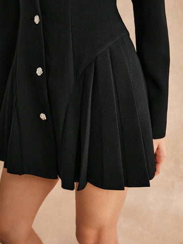 Poéselle Women's Elegant Solid Color Front Button Pleated Hem Mini Dress, Autumn