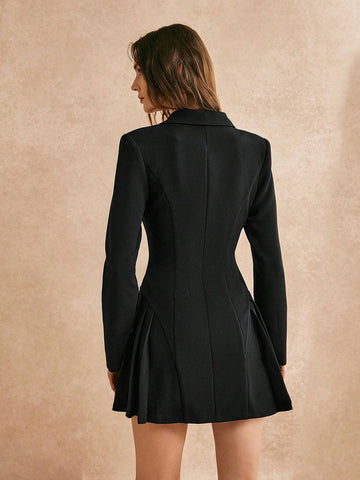 Poéselle Women's Elegant Solid Color Front Button Pleated Hem Mini Dress, Autumn