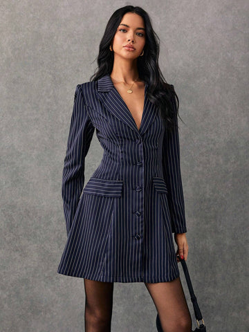 Poéselle Women's Elegant Striped Print Lapel Collar Single-Breasted Blazer Dress