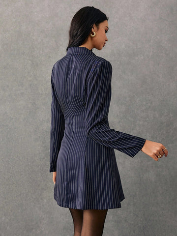 Poéselle Women's Elegant Striped Print Lapel Collar Single-Breasted Blazer Dress
