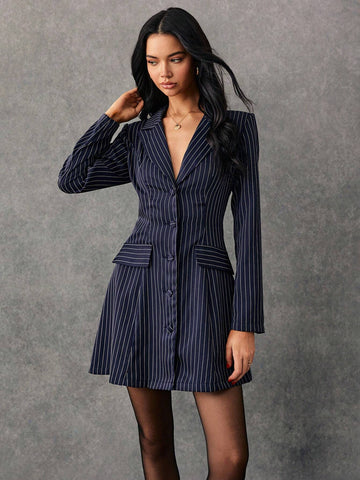 Poéselle Women's Elegant Striped Print Lapel Collar Single-Breasted Blazer Dress