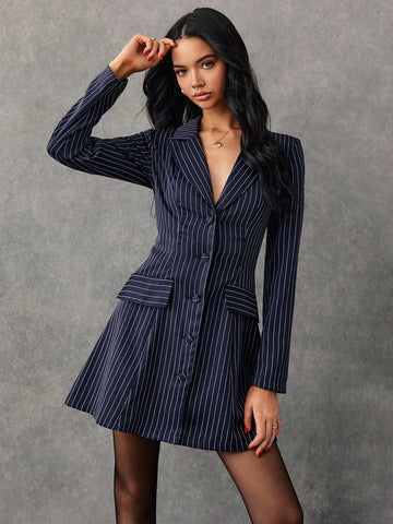 Poéselle Women's Elegant Striped Print Lapel Collar Single-Breasted Blazer Dress