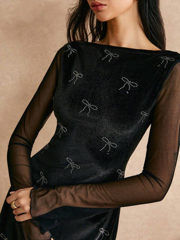 Poéselle Women's Fashionable Contrast Mesh Bow Accent Dress, Elegant Design For Autumn Winter FW24