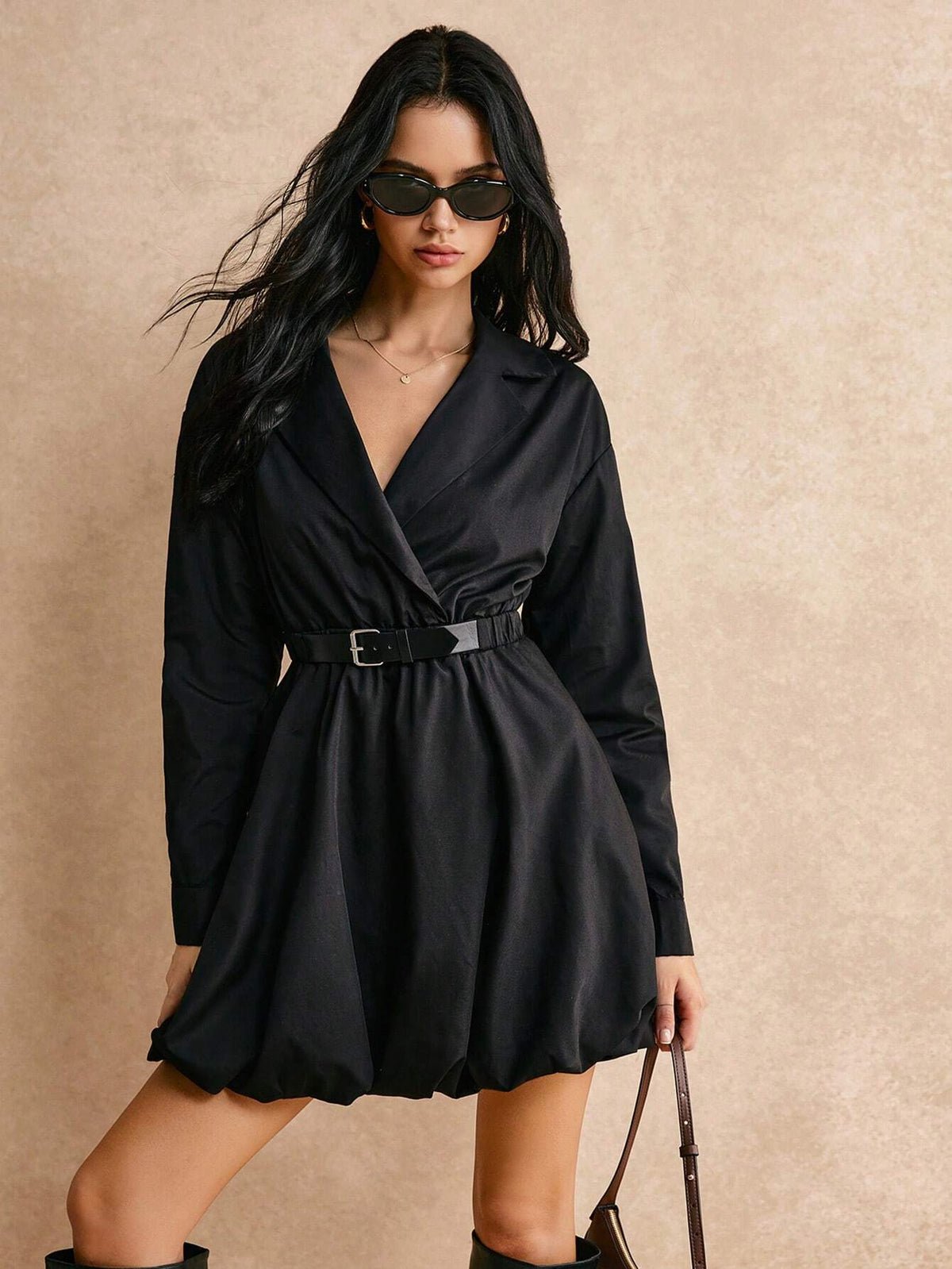 Poéselle Women's Fashionable Simple Turndown Collar Waist Fit Short Dress