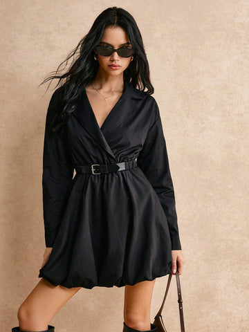 Poéselle Women's Fashionable Simple Turndown Collar Waist Fit Short Dress