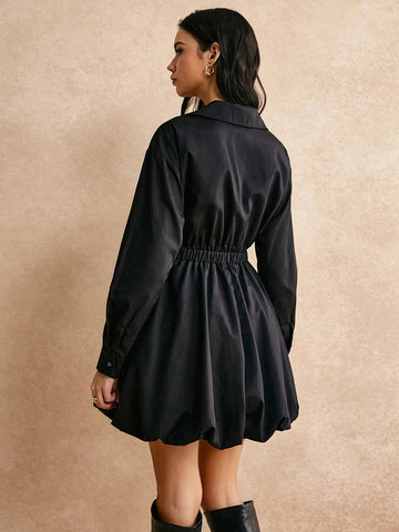 Poéselle Women's Fashionable Simple Turndown Collar Waist Fit Short Dress