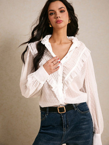 DAZY Women's Plain V-Neck Long Sleeve Tie-Neck Blouse, Minimalist Casual Everyday Wear