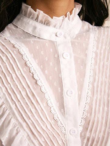 Women's Front Button Long Sleeve Ruffle Trim Casual Blouse,Going Out Tops,Elegant Shirts,Boho,Casual Everyday Wear