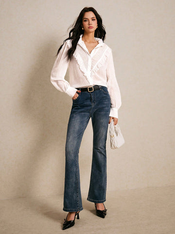 Women's Front Button Long Sleeve Ruffle Trim Casual Blouse,Going Out Tops,Elegant Shirts,Boho,Casual Everyday Wear