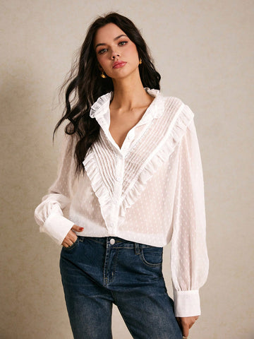 Women's Front Button Long Sleeve Ruffle Trim Casual Blouse,Going Out Tops,Elegant Shirts,Boho,Casual Everyday Wear