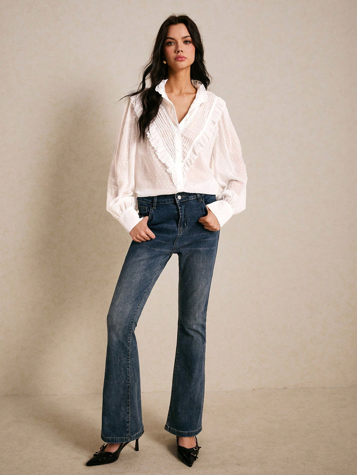 Women's Front Button Long Sleeve Ruffle Trim Casual Blouse,Going Out Tops,Elegant Shirts,Boho,Casual Everyday Wear