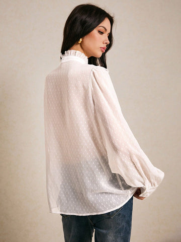 DAZY Women's Plain V-Neck Long Sleeve Tie-Neck Blouse, Minimalist Casual Everyday Wear