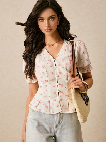 Women's Holiday Floral Printed Puff Sleeve Single-Breasted Blouse