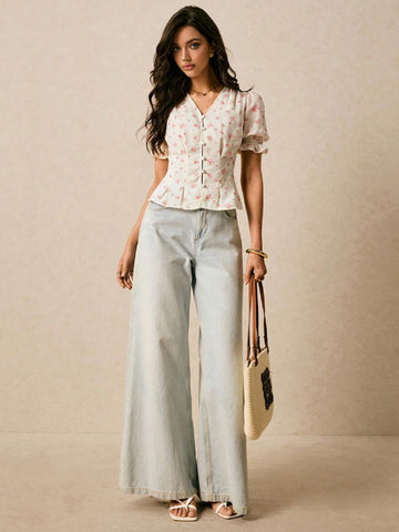 Women's Holiday Floral Printed Puff Sleeve Single-Breasted Blouse