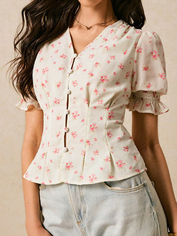 Women's Holiday Floral Printed Puff Sleeve Single-Breasted Blouse