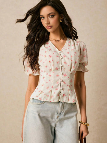 Women's Holiday Floral Printed Puff Sleeve Single-Breasted Blouse