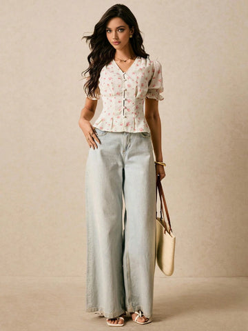 Women's Holiday Floral Printed Puff Sleeve Single-Breasted Blouse