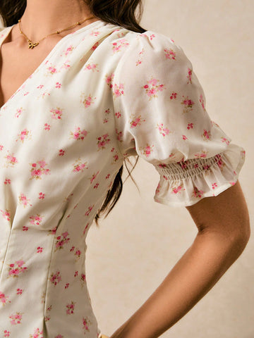 Women's Holiday Floral Printed Puff Sleeve Single-Breasted Blouse