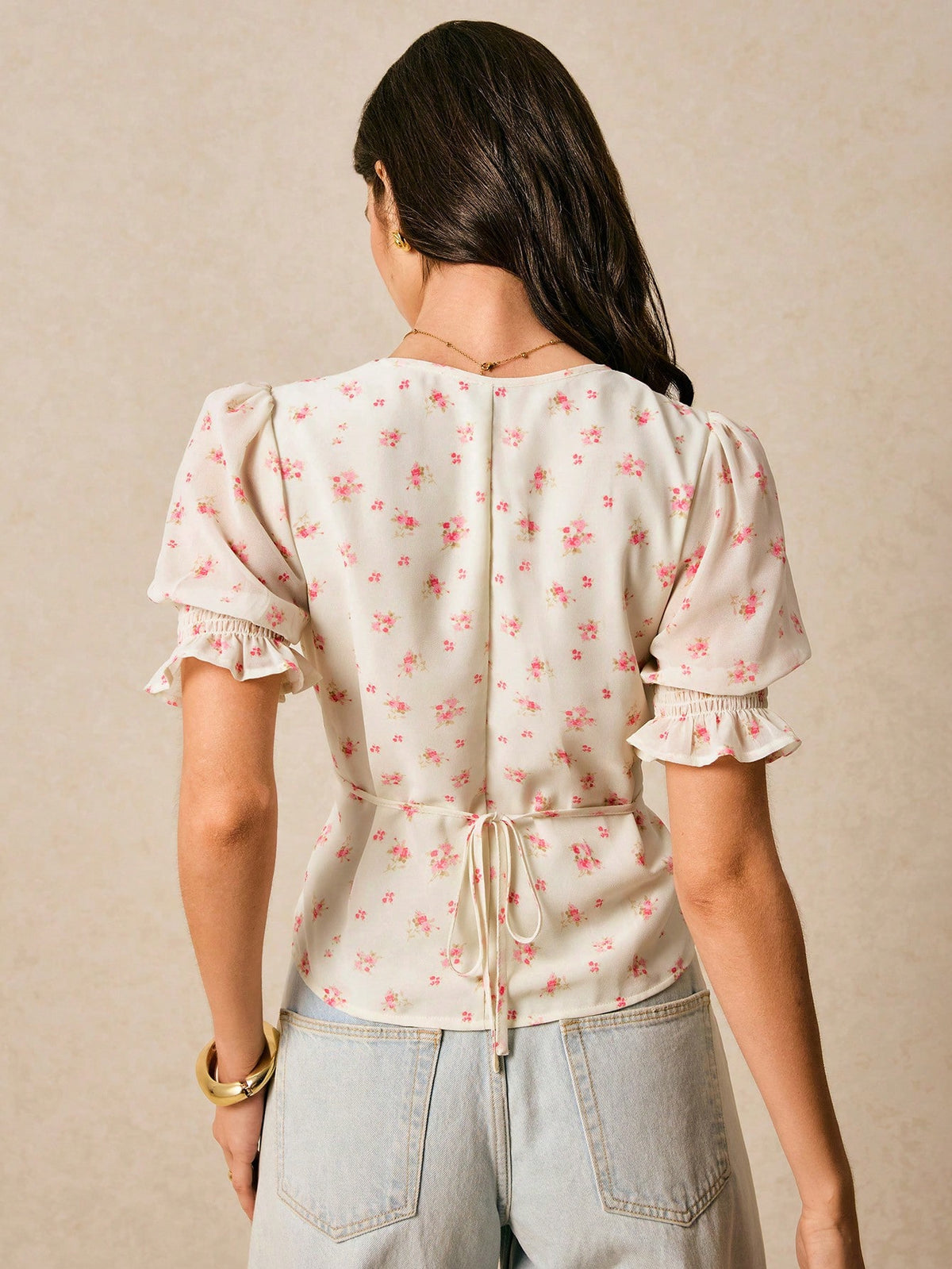 Women's Holiday Floral Printed Puff Sleeve Single-Breasted Blouse
