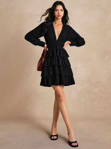 Poéselle Women's Lantern Sleeve Cake Style V-Neck Casual Daily Dress, Minimalist Fashion