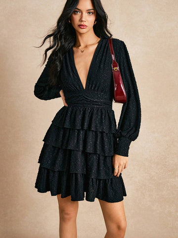 Poéselle Women's Lantern Sleeve Cake Style V-Neck Casual Daily Dress, Minimalist Fashion