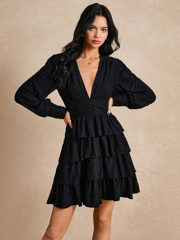 Poéselle Women's Lantern Sleeve Cake Style V-Neck Casual Daily Dress, Minimalist Fashion