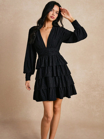 Poéselle Women's Lantern Sleeve Cake Style V-Neck Casual Daily Dress, Minimalist Fashion