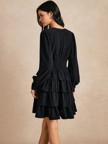 Poéselle Women's Lantern Sleeve Cake Style V-Neck Casual Daily Dress, Minimalist Fashion