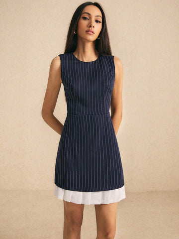 Women's Navy Striped Contrast Hem Dress Work Dress Mini Skirt Summer Striped Crew Neck Pleated He