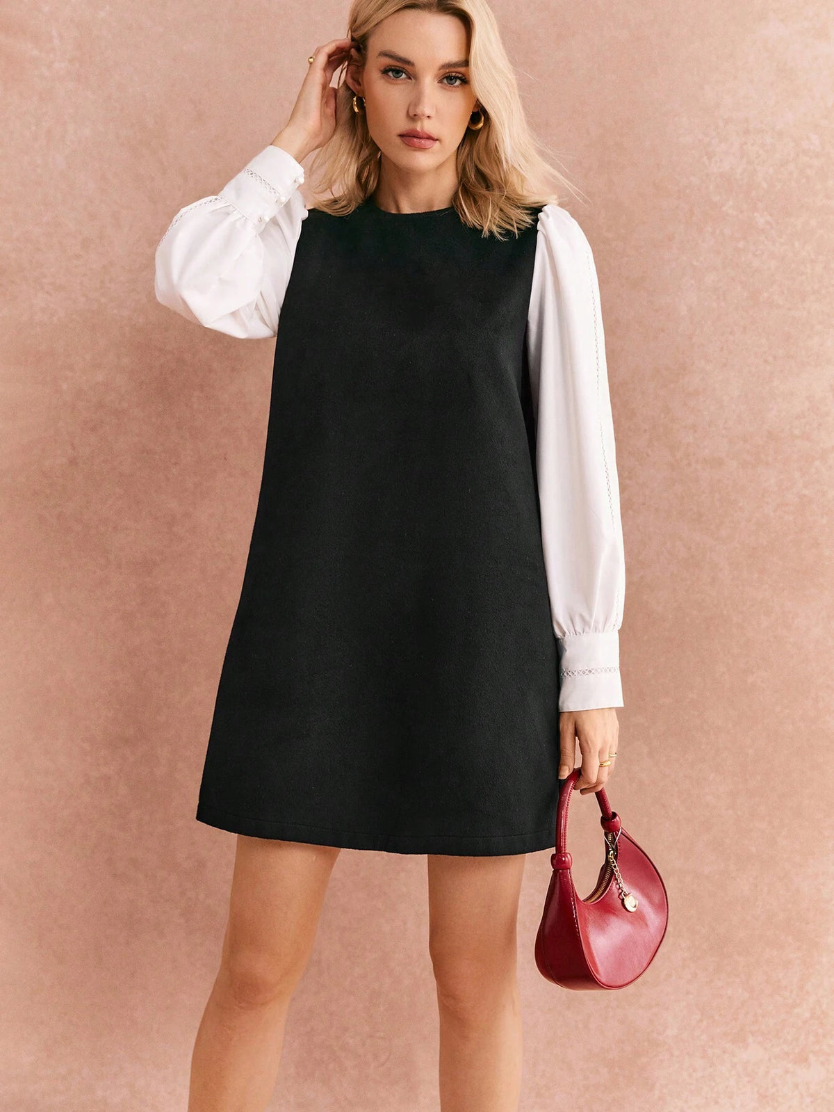 Poéselle Women's New Elegant A-Line Round Neck Lantern Sleeve Short Dress