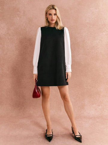 Poéselle Women's New Elegant A-Line Round Neck Lantern Sleeve Short Dress