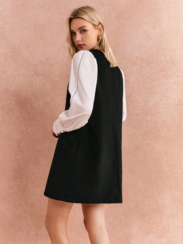 Poéselle Women's New Elegant A-Line Round Neck Lantern Sleeve Short Dress