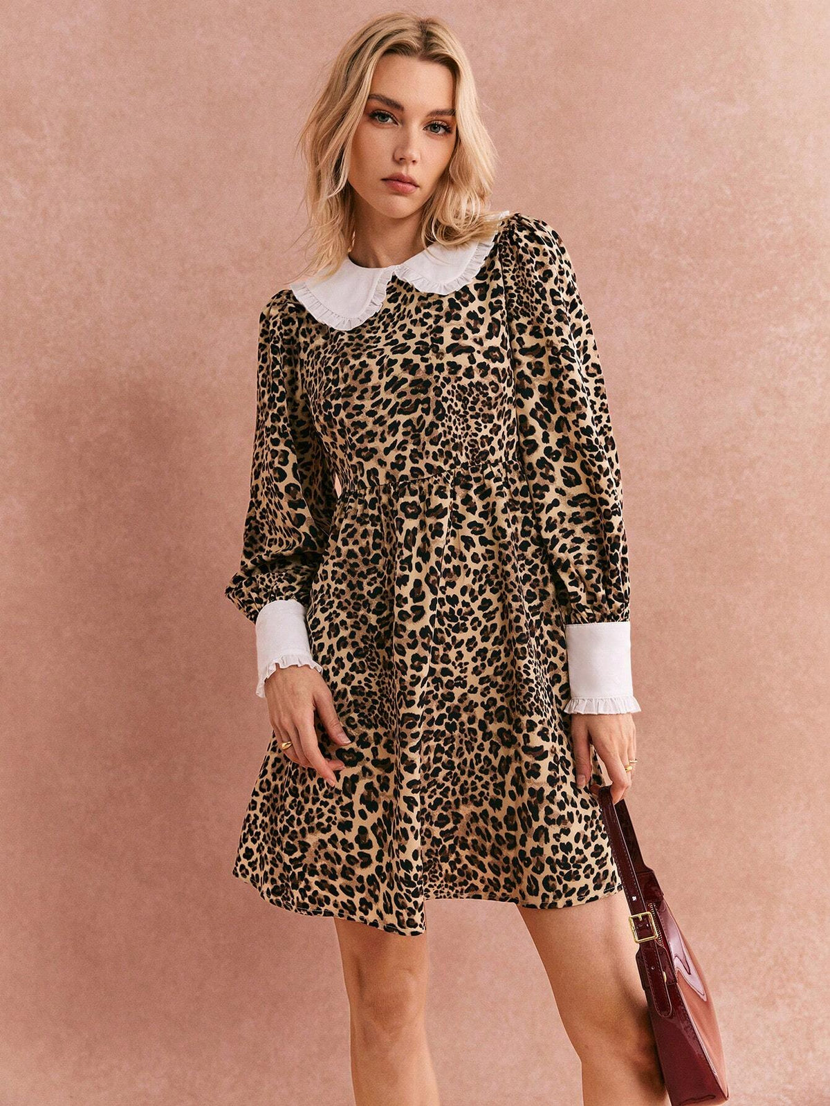 Poéselle Women's Peter Pan Collar Leopard Print Long Sleeve Cute Mini Dress, Autumn