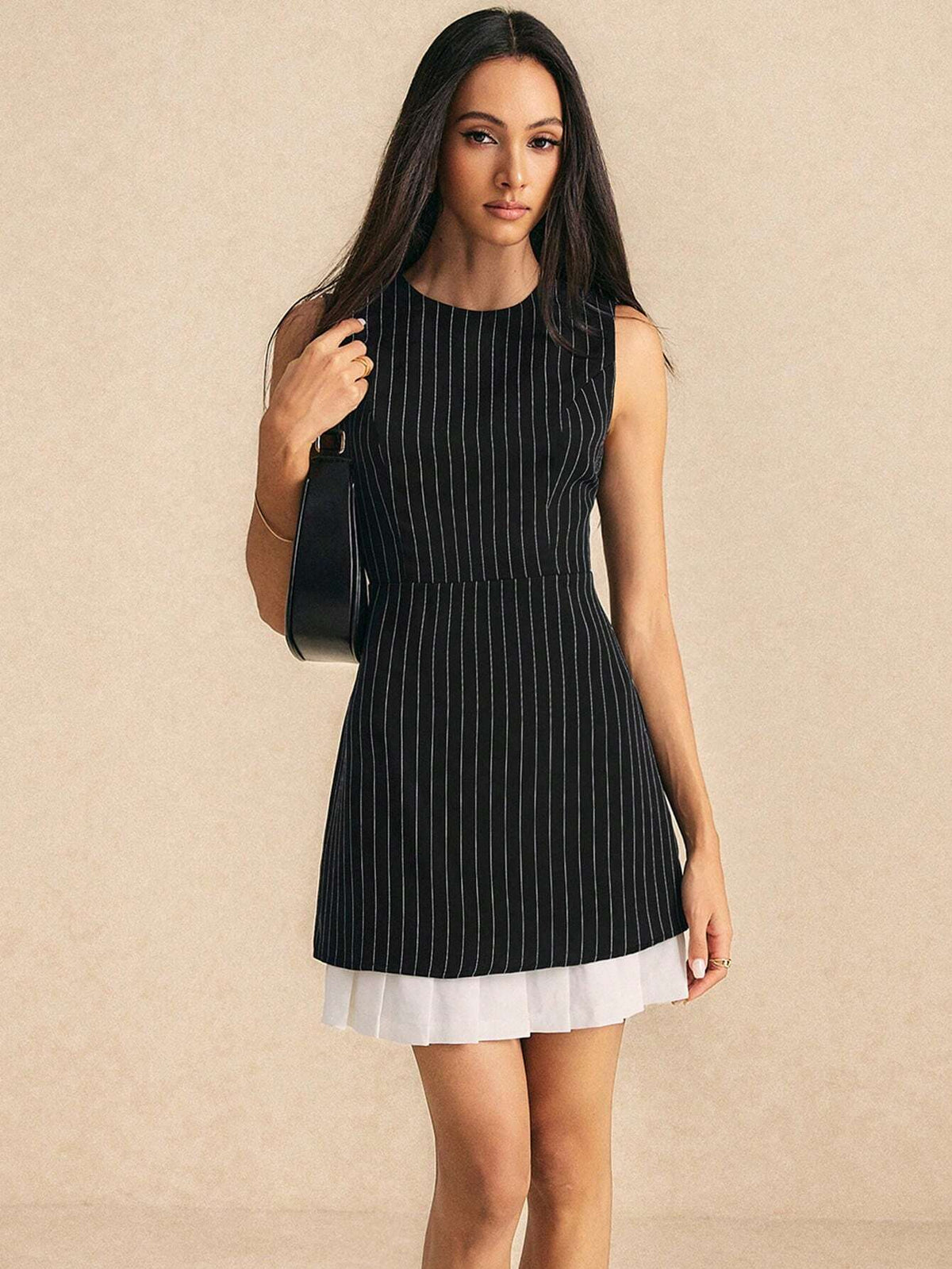 Poéselle Women's Round Neck Sleeveless Striped Patchwork Minimalist Short Dress