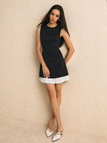 Poéselle Women's Round Neck Sleeveless Striped Patchwork Minimalist Short Dress