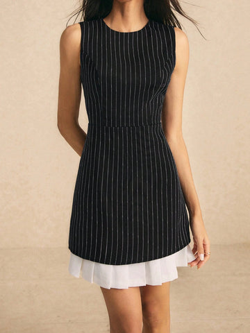 Poéselle Women's Round Neck Sleeveless Striped Patchwork Minimalist Short Dress